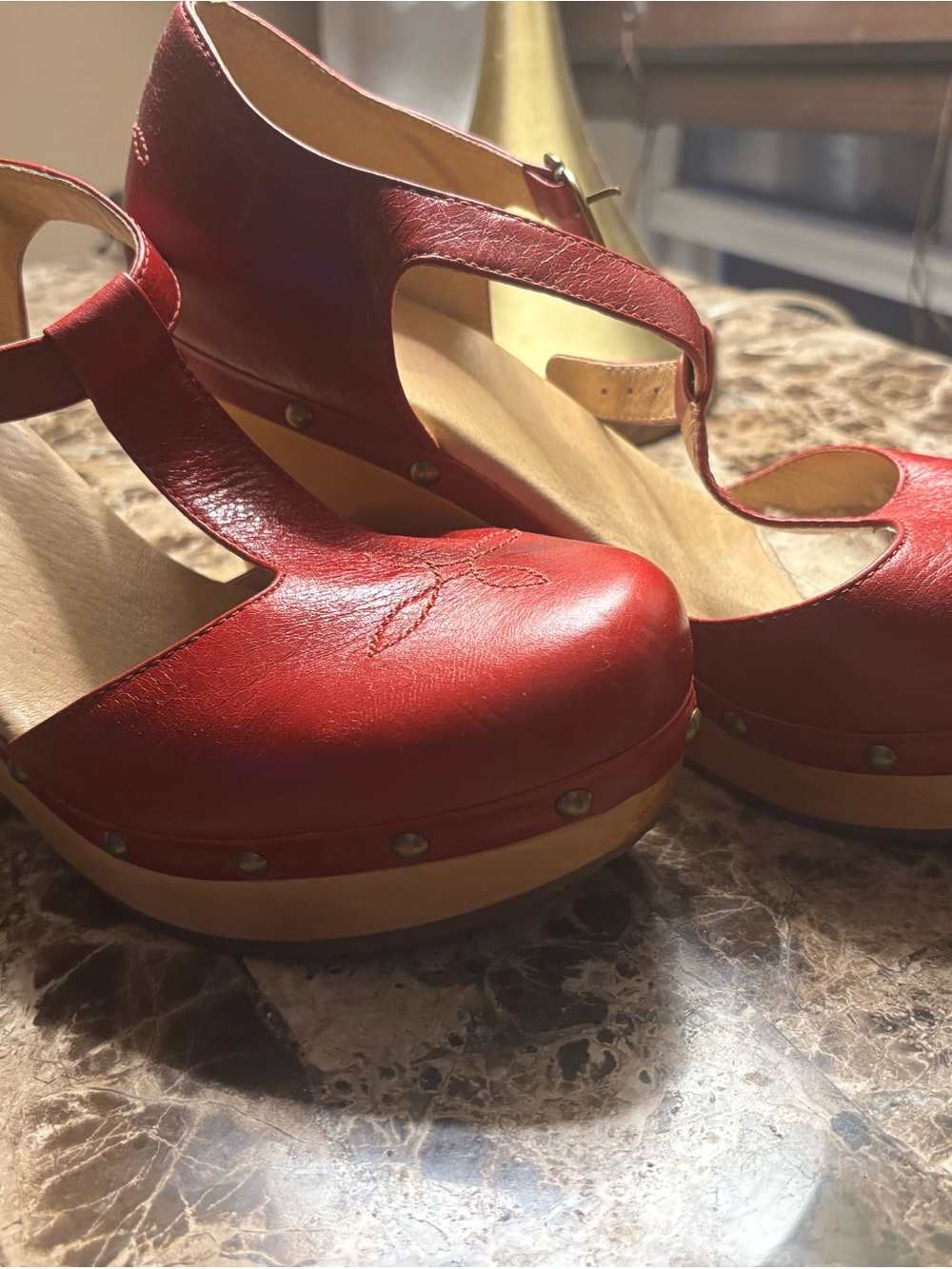 UGG Red Leather Mary Jane Clogs with Wood-Effect Platform